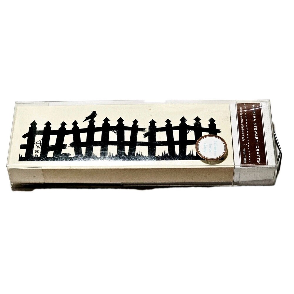 MARTHA STEWART CRAFTS Halloween Rubber Stamp Picket Fence 7" Wood Mount Crow Rat